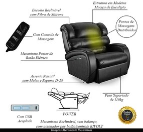 Poltrona do Papai Sala de Cinema Reclinável Kylie Elétrica Botão com Led Massagem USB PU Preto Brilho G23