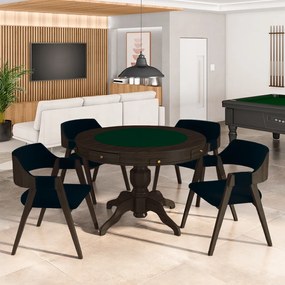 Conjunto Mesa de Jogos Carteado Bellagio Tampo Reversível e 4 Cadeiras Madeira Poker Base Estrela Veludo Azul Marinho/Capuccino G42 - Gran Belo
