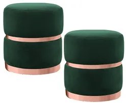 Kit 2 Puffs Decorativos com Cinto e Aro Rosê Round C-303 Veludo Verde