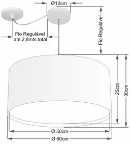 Lustre Pendente Cilíndrico Com Desvio de Centro Vivare Md-4311 Cúpula em Tecido 60x30cm - Bivolt