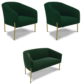 Namoradeira e 2 Poltronas PĂ© Ferro Dourado Stella BouclĂŞ Verde D03 - D'Rossi