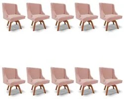 Kit 10 Cadeiras Estofadas Base Giratória de Madeira Lia Veludo Rosê -