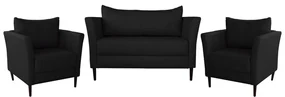 Conjunto Sofá 2 Lugares com 2 Poltronas Pés Palito Lubbock Couro Preto G58 - Gran Belo