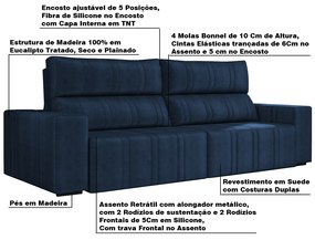 Sofá Retrátil 254 cm Sala de Estar Leonel Suede Azul Marinho G52 - Gran Belo