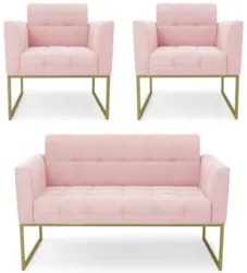 Sofá Namoradeira e 2 Poltronas Base Industrial Dourado Ana Suede Rosa