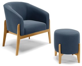 Poltrona com Puff Base de Madeira Stella Suede D03 - D'Rossi - Azul Marinho