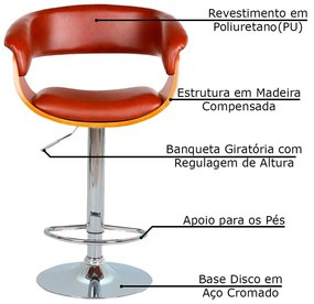 Kit 3 Banquetas para Cozinha Giratória Brenna Base Disco PU Sintético Marrom G56 - Gran Belo