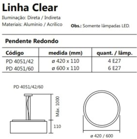 Pendente Clear Ø60X11Cm 6Xe27 / Metal E Acrilico | Usina 4051/60 (ORV-V - Ouro Velho Escovado)