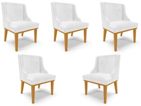 Kit 5 Cadeiras Decorativas Sala de Jantar Base Fixa de Madeira Firenze PU Branco Brilho/Castanho G19 - Gran Belo