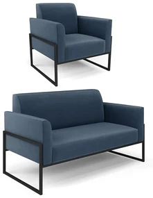 Sofá Namoradeira com Poltrona Base Industrial Alta Preto Marisa Suede D03 - D'Rossi - Azul Marinho