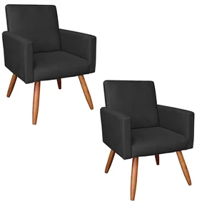 Kit 02 Poltronas Larissa Suede Preto Pés Palito Castanho D'Rossi