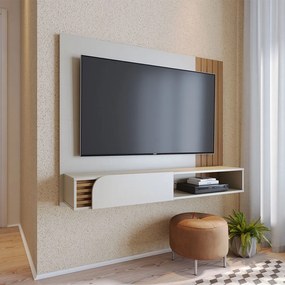 Painel TV 55 Pol 160cm Bancada Suspensa Ripado Hanno C04 - D'Rossi - Off White Matte e Freijó