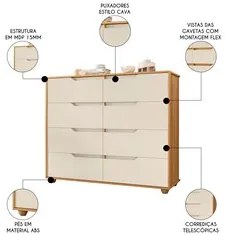 Cômoda para Quarto 8 Gavetas 136cm Doble Carvalho Grife/Off White - Al