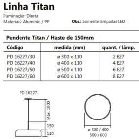 Pendente Titan Ø60X11Cm 8Xe27 Com Difusor Plano / Haste De 15Cm | Usin... (FN-F - Fendi Fosco)