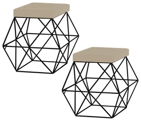 Kit 2 Puffs Decorativo Sala de Estar Base Preto Trixie Veludo Bege G41 - Gran Belo