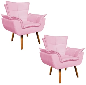 Poltrona Sala de Estar Pé Palito de Madeira Kit 2 Opala Suede D03 - D'Rossi - Rosa Bebê