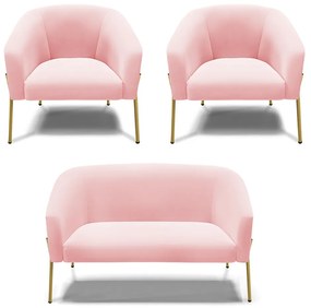 Namoradeira e 2 Poltronas Pé de Ferro Dourado Stella Suede Rosa Bebê D03 - D'Rossi