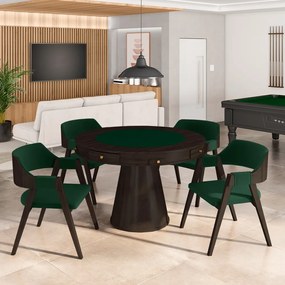 Conjunto Mesa de Jogos Carteado Bellagio Tampo Reversível e 4 Cadeiras Madeira Poker Base Cone Veludo Verde/Capuccino G42 - Gran Belo