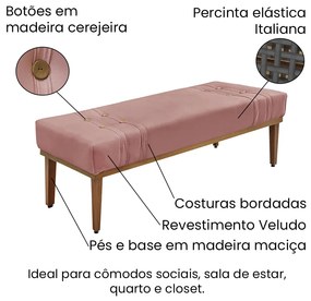 Divã Recamier Banco Base Madeira para Quarto Gênova 90cm Veludo S04 - D'Rossi - Rosa