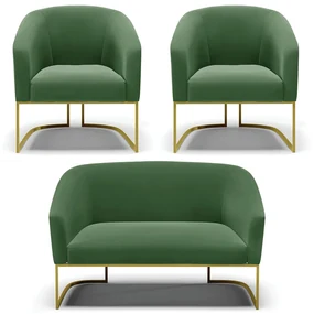 Namoradeira e 2 Poltronas Base Industrial Dourado Stella Suede D03 - D'Rossi - Verde