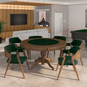 Conjunto Mesa de Jogos Carteado Bellagio Tampo Reversível e 6 Cadeiras Madeira Poker Base Estrela Veludo Verde/Nogueira G42 - Gran Belo