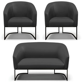 Namoradeira e 2 Poltronas Industrial Preto Stella Sintético Preto D03 - D'Rossi