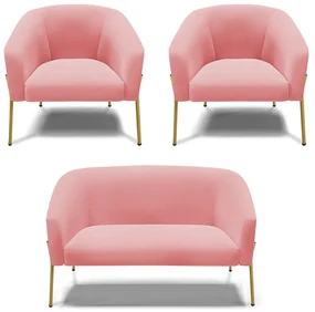 Namoradeira e 2 Poltronas Pé de Ferro Dourado Stella Suede Rosê D03 - D'Rossi