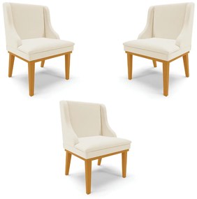 Kit 3 Cadeiras Decorativas Sala de Jantar Base Fixa de Madeira Firenze Linho Bege/Castanho G19 - Gran Belo