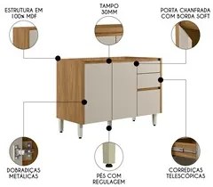 Balcão de Cozinha 120cm Com Tampo Pietá L06 Nature/Off White - Mpozena