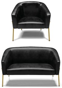 Sofá Namoradeira e Poltrona Pé de Ferro Dourado Stella Sintético PU Preto D03 - D'Rossi