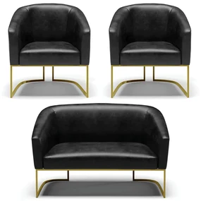 Namoradeira e 2 Poltronas Industrial Dourado Stella Sintético PU D03 - D'Rossi - Preto