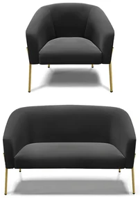 Sofá Namoradeira e Poltrona Pé de Ferro Dourado Stella Suede Preto D03 - D'Rossi