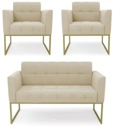 Sofá Namoradeira e 2 Poltronas Base Industrial Dourado Ana Suede Bege