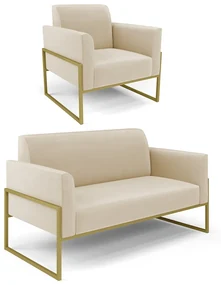 Sofá Namoradeira com Poltrona Base Industrial Alta Dourado Marisa Veludo D03 - D'Rossi - Bege