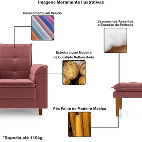 Poltrona de Amamentação com Puff Líria Veludo Pé de Madeira N03 - D'Rossi - Rose