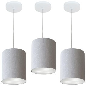 Kit/3 Lustre Pendente Cilíndrico Md-4012 Cúpula em Tecido 18x25cm Rustico Cinza - Bivolt
