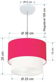 Lustre Pendente Duplo Cilíndrico Vivare Md-4161 Cúpula em Tecido 30x25cm - Bivolt - Rosa-Pink-Branco - 110V/220V