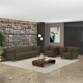 Conjunto Sala de Estar 1 Sofá Living 260cm e 2 Poltronas Stanford Chesterfield Pés Madeira Couro Capuccino G58 - Gran Belo