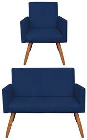 Kit 01 Namoradeira com 01 Poltrona Larissa Suede Pés Palito Castanho D'Rossi - Azul Marinho