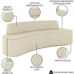 Sofá 3 Lugares para Sala de Estar Living 210cm Koane D06 Linho Creme -