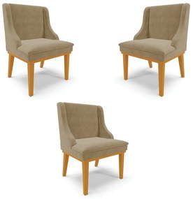 Kit 3 Cadeiras Decorativas Sala de Jantar Base Fixa de Madeira Firenze Suede Nude/Castanho G19 - Gran Belo