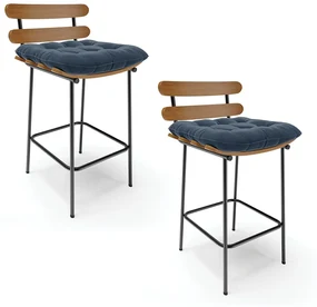 Kit 02 Banquetas Costela Suede Base Metálica Preto - D'Rossi - Azul Marinho