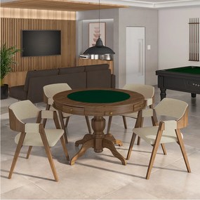 Conjunto Mesa de Jogos Carteado Bellagio Tampo Reversível Verde e 4 Cadeiras Madeira Poker Base Estrela Linho OffWhite/Nogueira G42 - Gran Belo