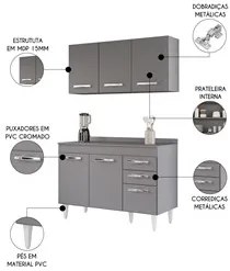 Armário Aéreo Honduras e Balcão Gabinete com Tampo 120cm Suécia Cinza