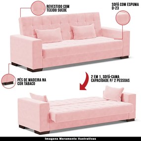 Sofá Cama Decorativo 210cm Pés em Madeira Beesley Suede Rosa G19 - Gran Belo