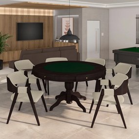 Conjunto Mesa de Jogos Carteado Bellagio Tampo Reversível Preto e 6 Cadeiras Madeira Poker Base Estrela Linho OffWhite/Tabaco G42 - Gran Belo
