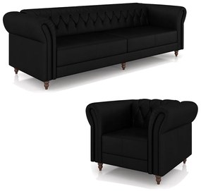 Conjunto Sala de Estar 1 Sofá Living 260cm e 1 Poltrona Stanford Chesterfield Pés Madeira Couro Preto Brilho G58 - Gran Belo