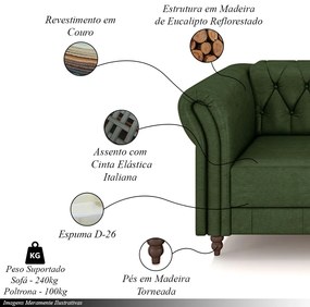 Conjunto Sala de Estar 1 Sofá Living 200cm e 2 Poltronas Stanford Chesterfield Pés Madeira Couro Verde Manchado G58 - Gran Belo