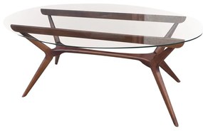 Mesa de Jantar Pé Palito Oval Tampo de Vidro Madeira Maciça Eucalipto Design Retrô