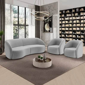 Conjunto Sofá Sala de Estar Bipartido 318cm e 2 Poltronas Clarke Veludo Cinza G45 - Gran Belo